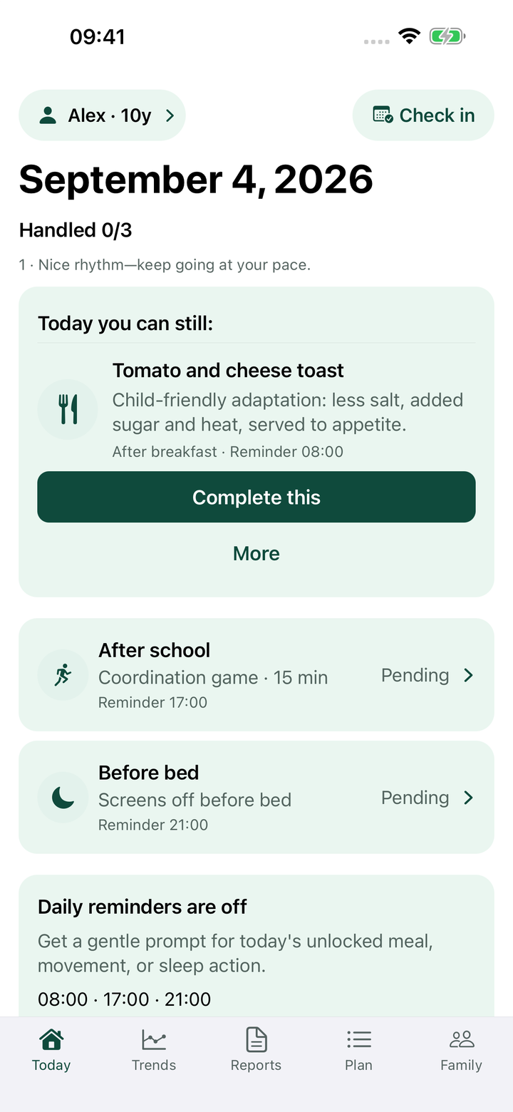 KidCurve Today routines on iPhone with illustrative family data